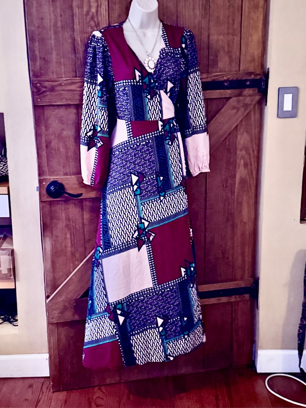 V-Neck Patchwork Maxi Dress in Burgundy and Pink vintage Y2K